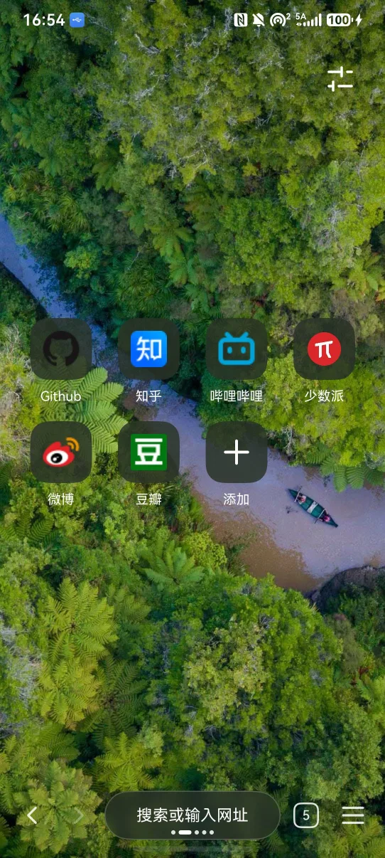 卓阅浏览器首页，展示快捷网站与底部地址栏